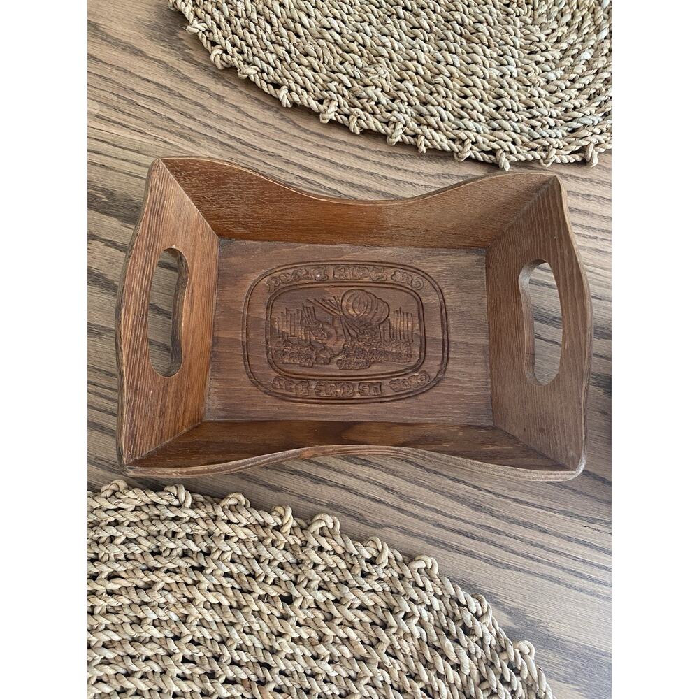 Vintage Wood Bread Basket With Handles Carved Give Us This Day Our Daily Bread